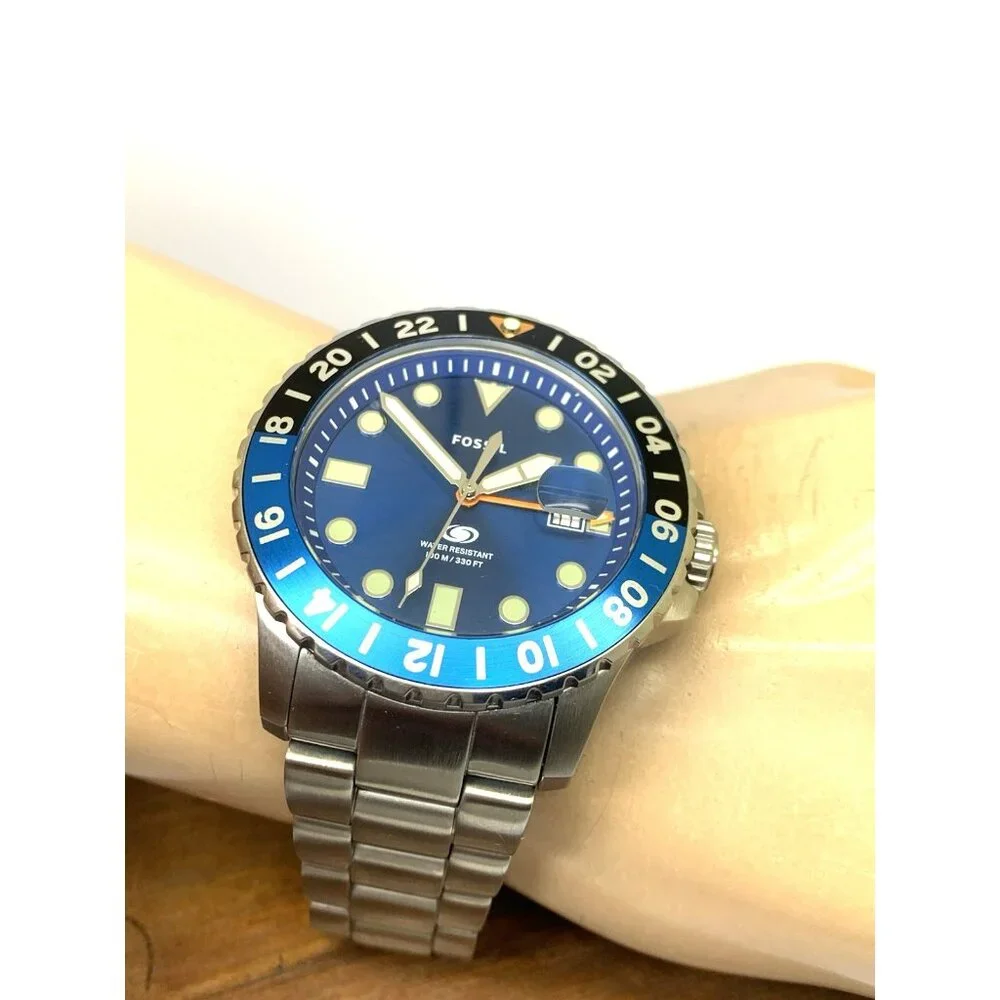 Fossil Men's Watch FS5991 GMT Quartz Blue Dial Silver Stainless Steel 46mm